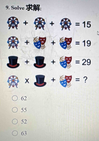 Solve
+ + =15
+ + =19
+ + =29
X + = ?
62
55
52
63