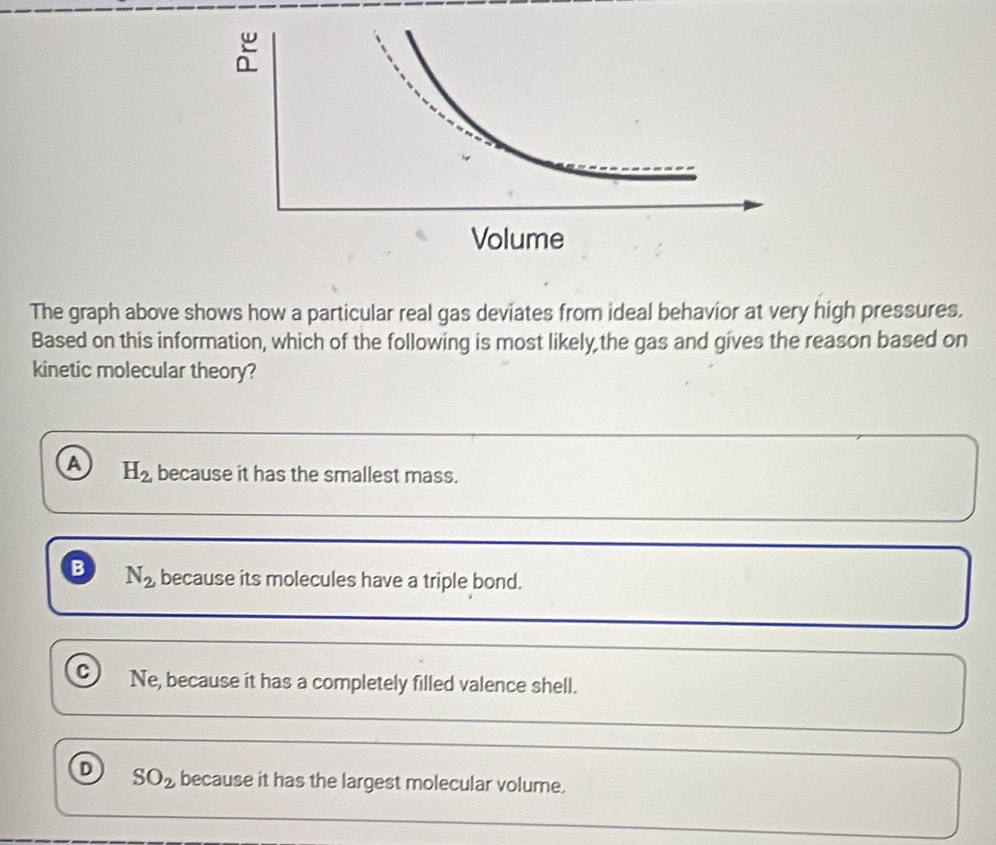 The graph above shows how a particular real gas deviates from ideal behavior at very high pressures.
Based on this information, which of the following is most likely the gas and gíves the reason based on
kinetic molecular theory?
A H_2 because it has the smallest mass.
B N_2 because its molecules have a triple bond.
C Ne, because it has a completely filled valence shell.
D SO_2 because it has the largest molecular volume.