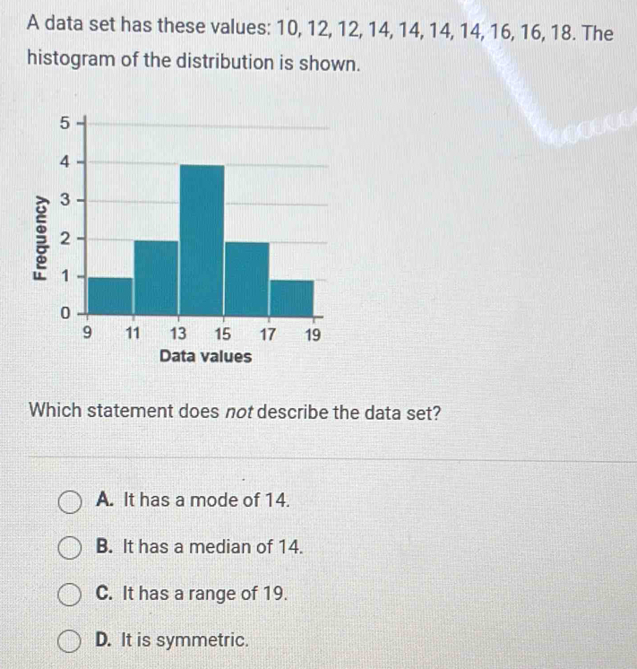 A data set has these values: 10, 12, 12, 14, 14, 14, 14, 16, 16, 18. The
histogram of the distribution is shown.
values
Which statement does not describe the data set?
A. It has a mode of 14.
B. It has a median of 14.
C. It has a range of 19.
D. It is symmetric.