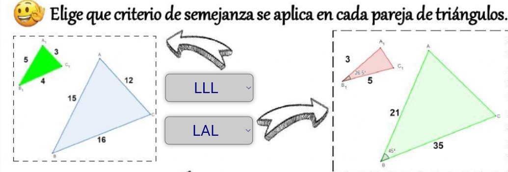 Elige que criterio de semejanza se aplica en cada pareja de triángulos.
LLL
LAL