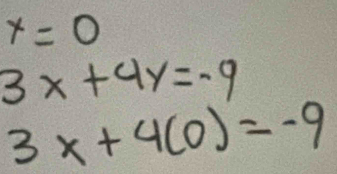 x=0
3x+4y=-9
3x+4(0)=-9