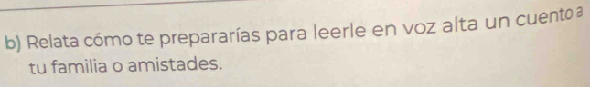 Relata cómo te prepararías para leerle en voz alta un cuento a 
tu familia o amistades.