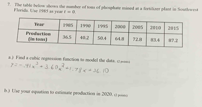 The table below shows the number of tons of phosphate mined at a fertilizer plant in Southwest 
Florida. Use 1985 as year t=0. 
a.) Find a cubic regression function to model the data. (2 points) 
b.) Use your equation to estimate production in 2020. (2 points)