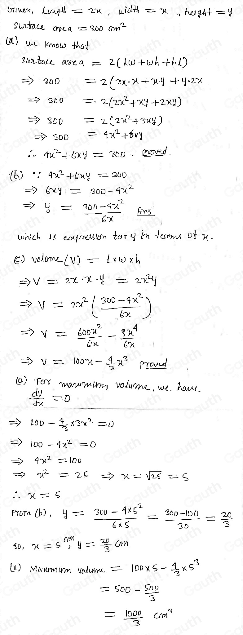 Solved: A closed rectangular box has a height y cm and width x cm. Its ...