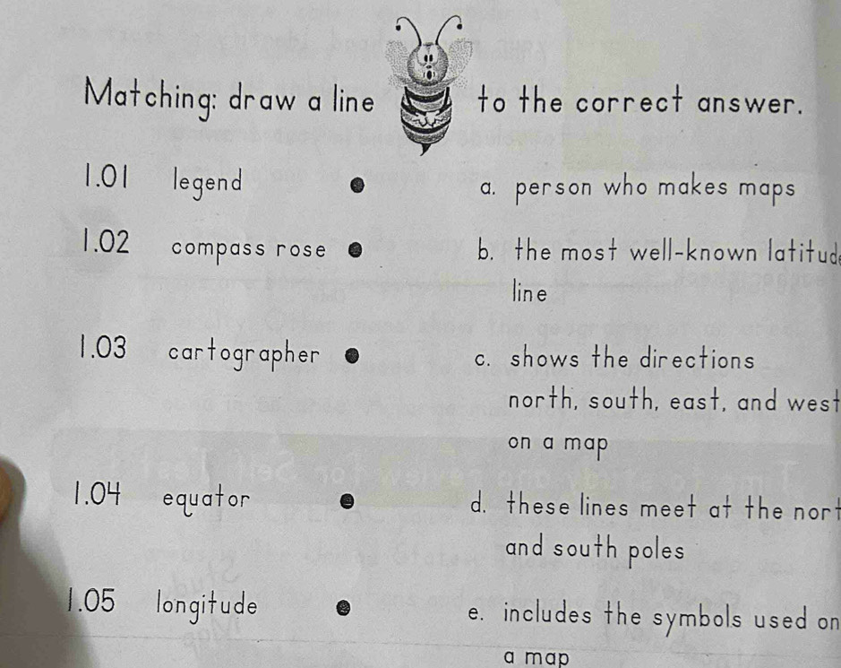 Matching: draw a line to the correct answer.
1.01 legend
a. person who makes maps
1.02 compass rose b. the most well-known latitud
lin e
1.03 cartographer c. shows the directions
north, south, east, and west
on a map
1. 04 equator d. these lines meet at the nort
and south poles
1.05 longitude e. includes the symbols used on
a map