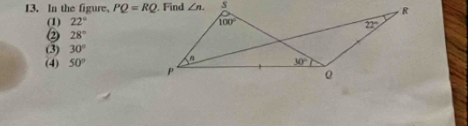 In the figure, PQ=RQ
(1) 22°
② 28°
(3) 30°
(4) 50°