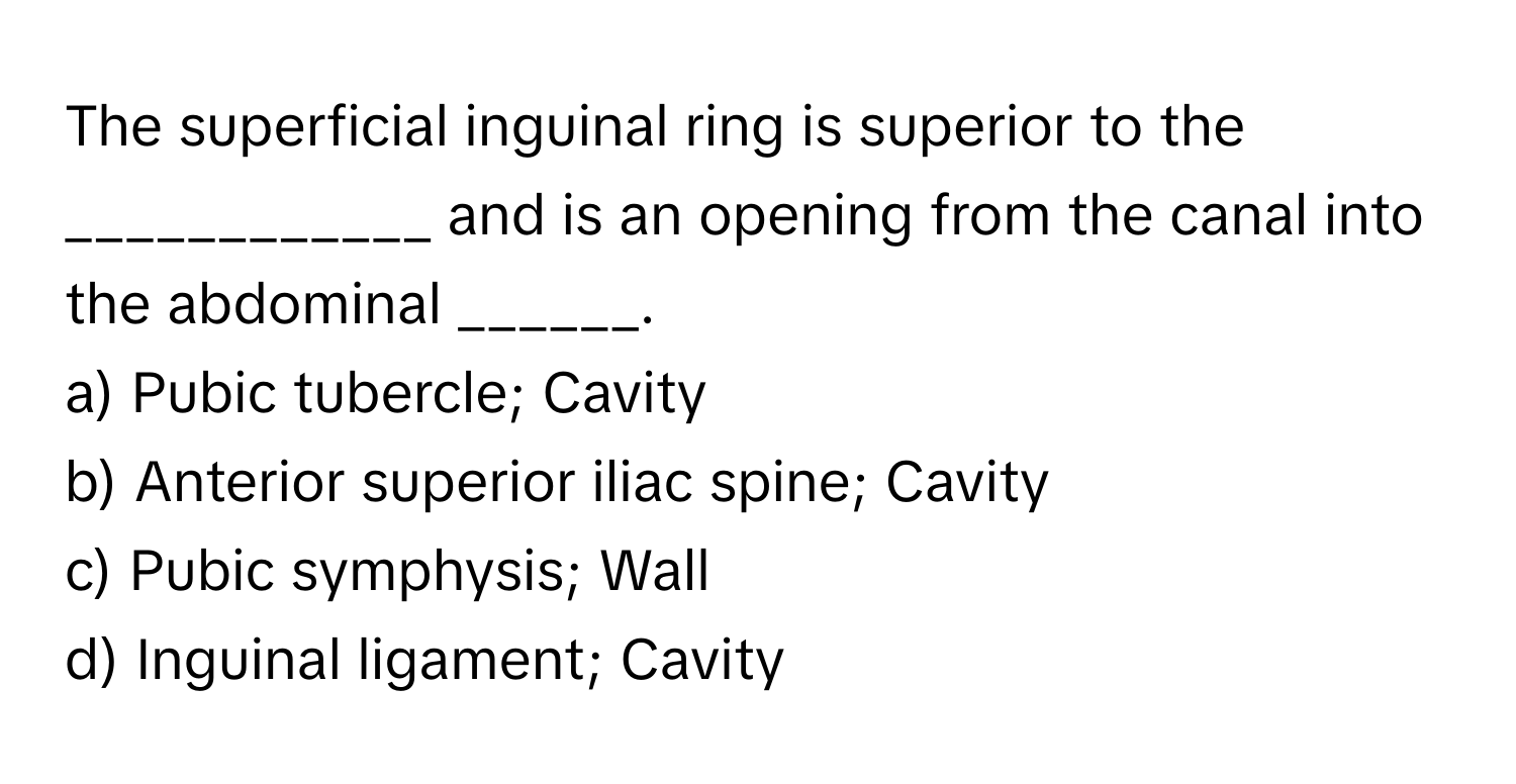 The superficial inguinal ring is superior to the ____________ and is an opening from the canal into the abdominal ______.

a) Pubic tubercle; Cavity
b) Anterior superior iliac spine; Cavity
c) Pubic symphysis; Wall
d) Inguinal ligament; Cavity