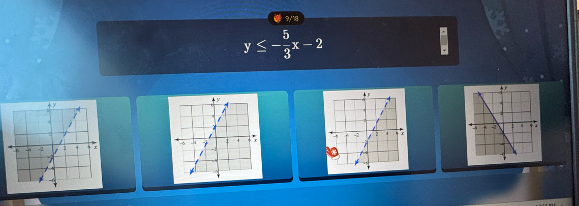 9/18
y≤ - 5/3 x-2