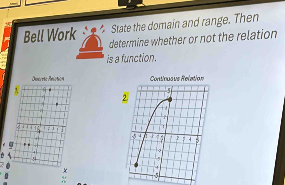 binomia 
prt Bell Work State the domain and range. Then 
J 
determine whether or not the relation 
is a function.