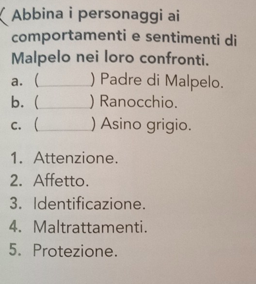 Abbina i personaggi ai 
comportamenti e sentimenti di 
Malpelo nei loro confronti. 
a.( ) Padre di Malpelo. 
b. ( ) Ranocchio. 
c.( ) Asino grigio. 
1. Attenzione. 
2. Affetto. 
3. Identificazione. 
4. Maltrattamenti. 
5. Protezione.