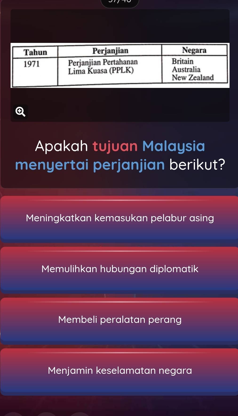 ④
Apakah tujuan Malaysia
menyertai perjanjian berikut?
Meningkatkan kemasukan pelabur asing
Memulihkan hubungan diplomatik
Membeli peralatan perang
Menjamin keselamatan negara