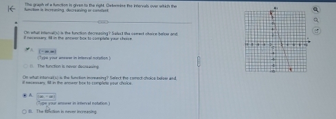 The graph off a function is given to the right. Determine the intorvals over which the
function is increasing, decreaing or comstant
_
On what interval(s) is the function decreasing? Select the carrect choice below and, 
ll necesaary, fill in the answer box to complete your choice
(Type your answer in intenral notation.) (-∞.∞0
(). The function is mever decreasing.
On what interval(s) is the function increasing? Select the correct choloe below asd
if neceary, fill in the answer box to complete your chakca
A
(Type your anwer in interval notation )
B. The fanction is never increasing