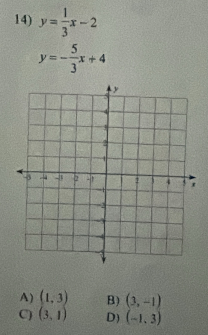 y= 1/3 x-2
y=- 5/3 x+4
A) (1,3)
B) (3,-1)
C) (3,1)
D) (-1,3)