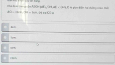 Thể báp an đứng
Cha hình theng cân AEGH(AE//GH, AE 1, O là giao điểm hai đường chéo, tiển
AO=12cm. O4-10m Độ dài OE là
7om.
Bom
13cm