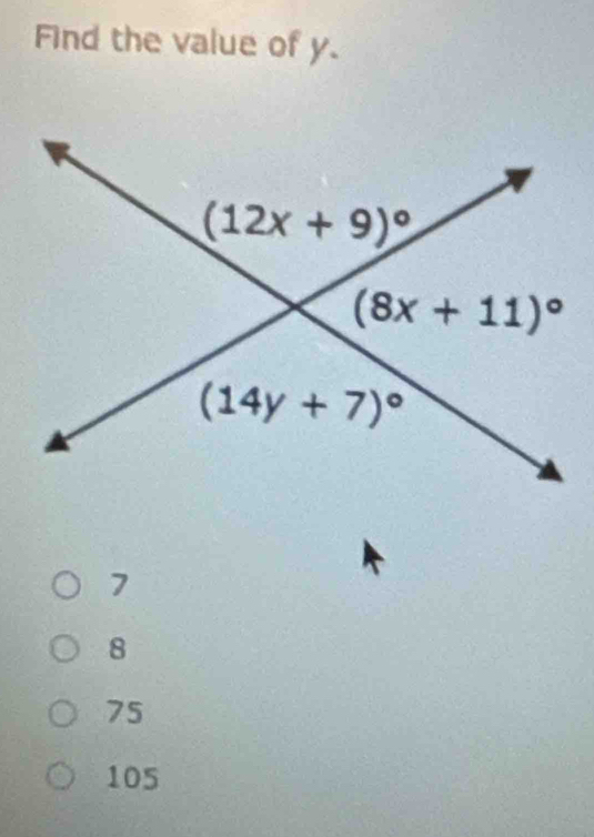 Find the value of y.
7
8
75
105