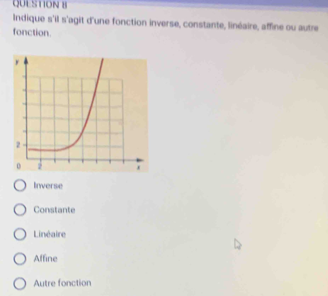 Indique s'il s'agit d'une fonction inverse, constante, linéaire, affine ou autre
fonction.
Inverse
Constante
Linéaire
Affine
Autre fonction