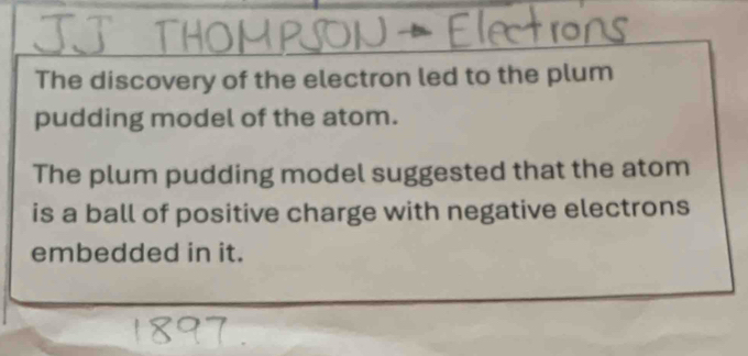 The discovery of the electron led to the plum 
pudding model of the atom. 
The plum pudding model suggested that the atom 
is a ball of positive charge with negative electrons 
embedded in it.