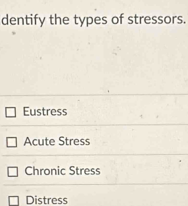 dentify the types of stressors.
Eustress
Acute Stress
Chronic Stress
Distress