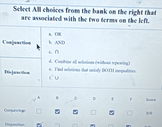 Select All choices from the bank on the right that
are associated with the two terms on the left.
a. OR
Conjunction b. AND
c.∩
d. Combine all solutions (without repeating)
Disjunction e. Find solutions that satisfy BOTH inequalities.
f. U
A B C D E F Score
Conjunctian 0/0
Disjunction