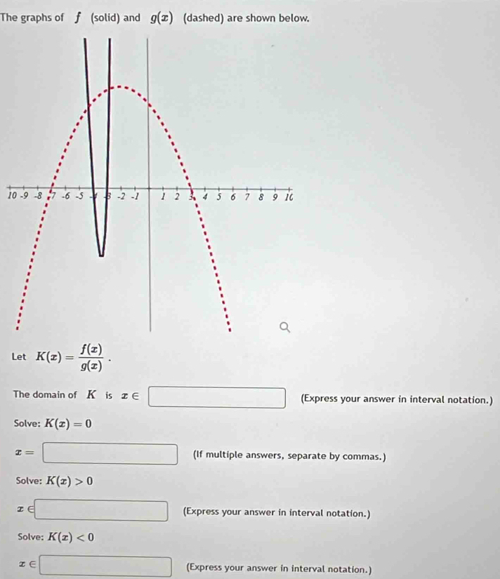 The graphs of f (solid) and g(x) (dashed) are shown below. 
10 
Let K(x)= f(x)/g(x) . 
The domain of K is x∈ □ (Express your answer in interval notation.) 
Solve: K(x)=0
x=□ (If multiple answers, separate by commas.) 
Solve: K(x)>0
∈ □ (Express your answer in interval notation.) 
Solve: K(x)<0</tex>
x∈ □ (Express your answer in interval notation.)