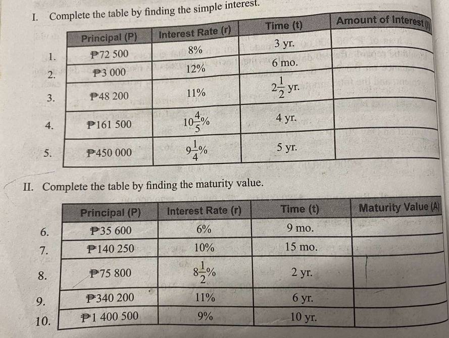 Ie simple interest.
II. Complete the table by finding the maturity value.