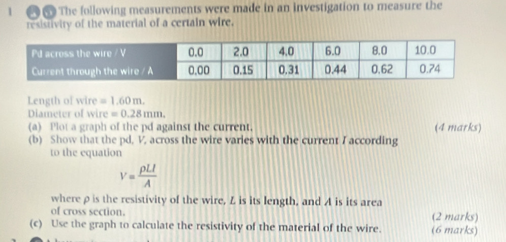 The following measurements were made in an investigation to measure the 
resistivity of the material of a certain wire. 
Length of wire =1.60m. 
Diameter of wire =0.28mm. 
(a) Plot a graph of the pd against the current. (4 marks) 
(b) Show that the pd, V, across the wire varies with the current I according 
to the equation
V= rho LI/A 
whereρ is the resistivity of the wire, L is its length, and A is its area 
of cross section. 
(2 marks) 
(c) Use the graph to calculate the resistivity of the material of the wire. (6 marks)