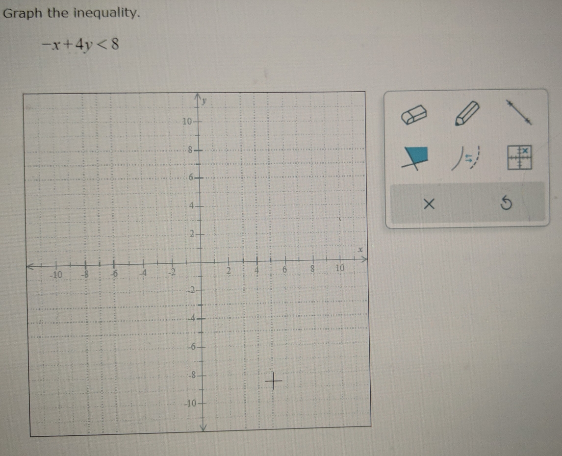 Graph the inequality.
-x+4y<8</tex> 
×