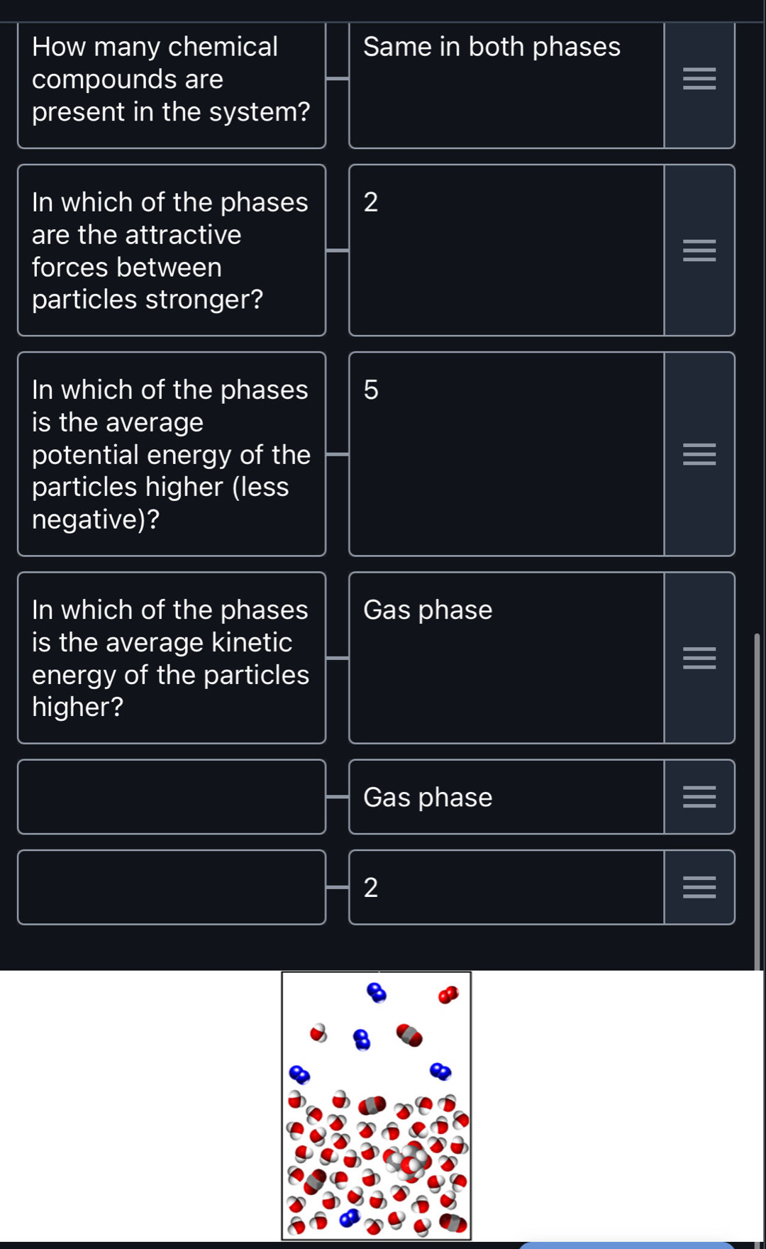 How many chemical Same in both phases
compounds are ≡
present in the system?
In which of the phases 2
are the attractive
forces between
≡
particles stronger?
In which of the phases 5
is the average
potential energy of the
≡
particles higher (less
negative)?
In which of the phases Gas phase
is the average kinetic
energy of the particles
≡
higher?
Gas phase
2