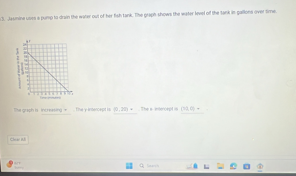 Jasmine uses a pump to drain the water out of her fish tank. The graph shows the water level of the tank in gallons over time. 
T 
The graph is increasing . The y-intercept is (0,20). The x - intercept is (10,0)
Clear All 
82"F 
Sunny 
Search