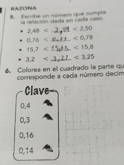 RAZONA
5. Escribe un número que cumpla
la relación dada en cada caso.
2,48 < _ <2,50
0,76 < _ <0,78
15, 7 _ <15</tex>, 8
3.2
_ <3,25
6. Colorea en el cuadrado la parte qu
corresponde a cada número decim
Clave
0,4
0, 3
0,16
0,14