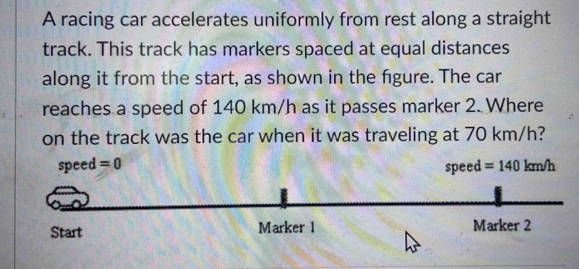 A racing car accelerates uniformly from rest along a straight 
track. This track has markers spaced at equal distances 
along it from the start, as shown in the figure. The car 
reaches a speed of 140 km/h as it passes marker 2. Where 
on the track was the car when it was traveling at 70 km/h? 
speed =0 speed =140kr m/h
Start Marker 1 Marker 2