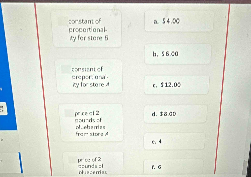 constant of a. $ 4.00
proportional-
ity for store B
b. $ 6.00
constant of
proportional-
ity for store A c. $ 12.00
price of 2 d. $ 8.00
pounds of
blueberries
from store A
e
e. 4
price of 2
pounds of f. 6
blueberries