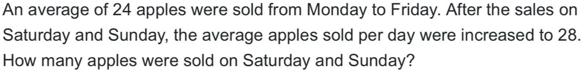 An average of 24 apples were sold from Monday to Friday. After the sales on 
Saturday and Sunday, the average apples sold per day were increased to 28. 
How many apples were sold on Saturday and Sunday?