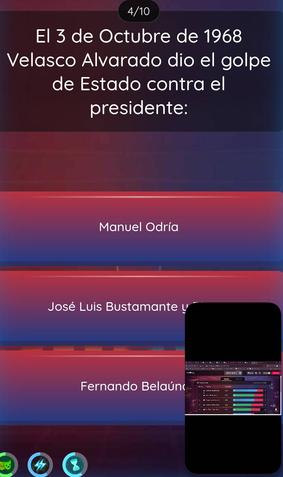 4/10
El 3 de Octubre de 1968
Velasco Alvarado dio el golpe
de Estado contra el
presidente:
Manuel Odría
José Luis Bustamante y
Fernando Belaún