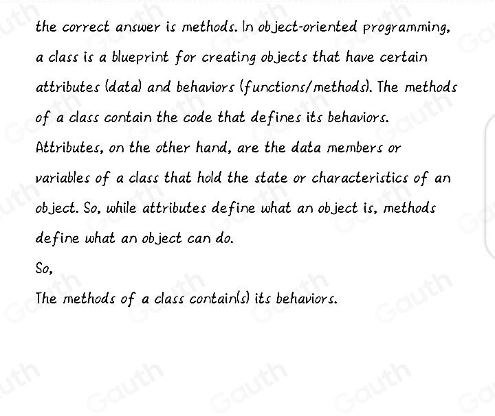 Solved: The _of a class contain(s) its behaviors. scope attributes ...