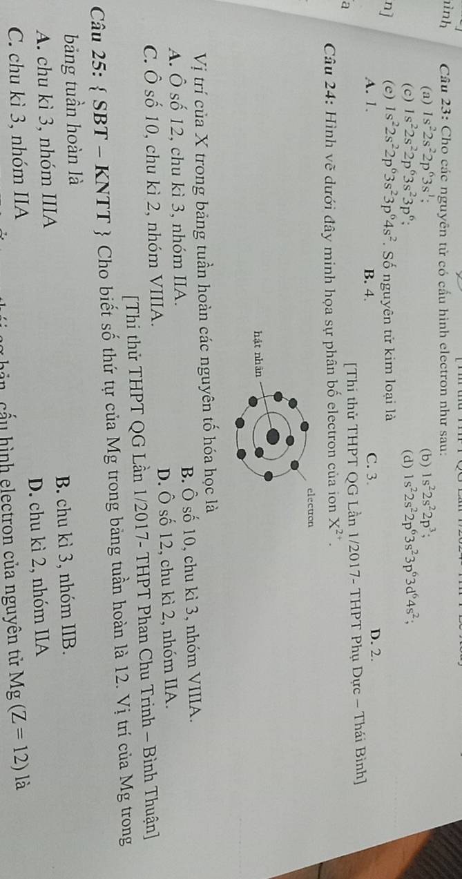 ình Câu 23: Cho các nguyên tử có cấu hình electron như sau:
(a) 1s^22s^22p^63s^1; (b) 1s^22s^22p^3; 
(c) 1s^22s^22p^63s^23p^6; (d) 1s^22s^22p^63s^23p^63d^64s^2; 
n] (e) 1s^22s^22p^63s^23p^64s^2. Số nguyên tử kim loại là
A. 1. B. 4. C. 3. D. 2.
a
[Thi thử THPT QG Lần 1/2017- THPT Phụ Dực - Thái Bình]
Câu 24: Hình vẽ dưới đây minh họa sự phân bố electron của ion X^(2+). 
uron
Vị trí của X trong bảng tuần hoàn các nguyên tố hóa học là
A. Ô số 12, chu kì 3, nhóm IIA. B. Ô số 10, chu kì 3, nhóm VIIIA.
C. Ô số 10, chu kì 2, nhóm VIIIA. D. Ô số 12, chu kì 2, nhóm IIA.
[Thi thử THPT QG Lần 1/2017- THPT Phan Chu Trinh - Bình Thuận]
Câu 25:  SBT - KNTT  Cho biết số thứ tự của Mg trong bảng tuần hoàn là 12. Vị trí của Mg trong
bảng tuần hoàn là
A. chu kì 3, nhóm IIIA B. chu kì 3, nhóm IIB.
C. chu kì 3, nhóm IIA D. chu kì 2, nhóm IIA
n cấu hình electron của nguyên tử Mg(Z=12)1 a