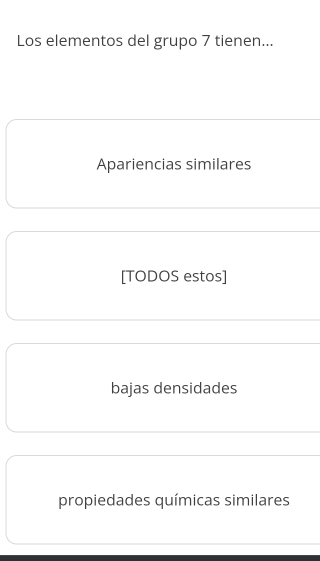 Los elementos del grupo 7 tienen...
Apariencias similares
[TODOS estos]
bajas densidades
propiedades químicas similares