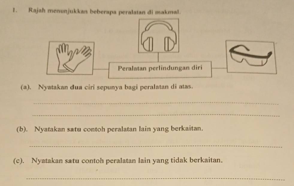 Rajah menunjukkan beberapa peralatan di makmal. 
(a). Nyatakan dua ciri sepunya bagi peralatan di atas. 
_ 
_ 
(b). Nyatakan satu contoh peralatan lain yang berkaitan. 
_ 
(c). Nyatakan satu contoh peralatan lain yang tidak berkaitan. 
_