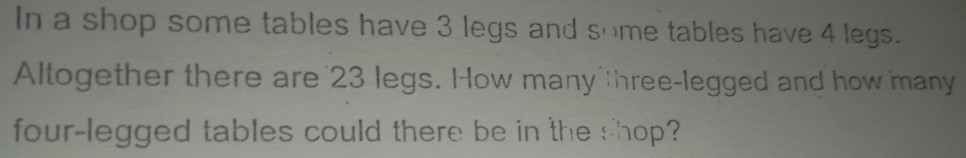 Solved: In a shop some tables have 3 legs and some tables have 4 legs ...
