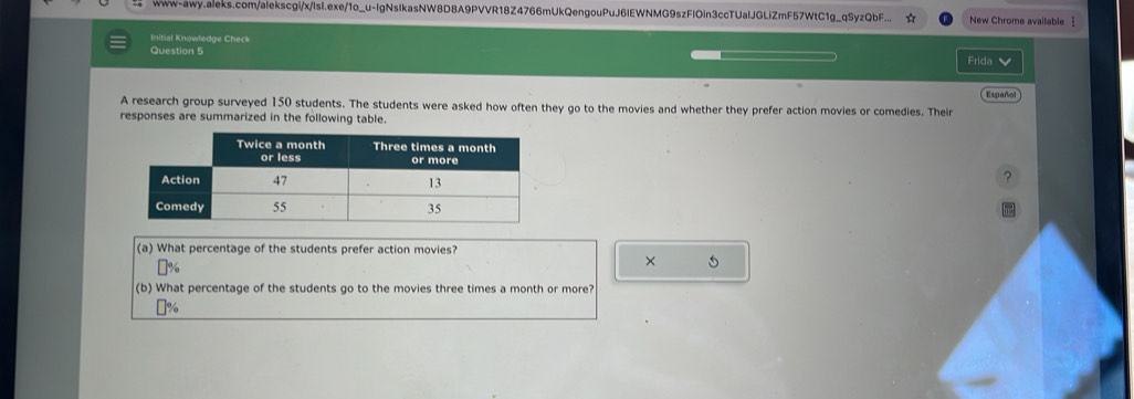 www-awy.aieks.com/alekscgi/x/IsI.exe/1o_u-IgNsIkasNW8D8A9PVVR18Z4766mUkQengouPuJ6IEWNMG9szFIOin3ccTUalJGLiZmF57WtC1g_qSyzQbF... New Chrome avaitable § 
Initial Knowledge Check 
Question 5 
Frida 
Español 
A research group surveyed 150 students. The students were asked how often they go to the movies and whether they prefer action movies or comedies. Their 
responses are summarized in the following table. 
? 
had 
(a) What percentage of the students prefer action movies? 
× 5
(b) What percentage of the students go to the movies three times a month or more?