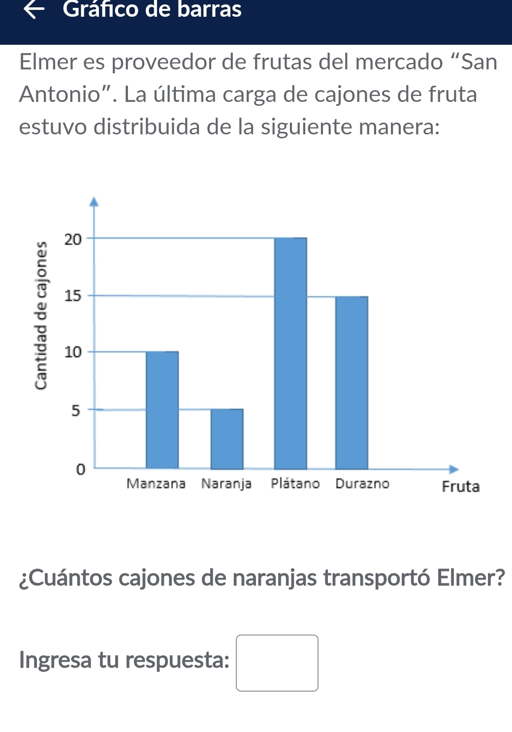 Gráfico de barras 
Elmer es proveedor de frutas del mercado “San 
Antonio". La última carga de cajones de fruta 
estuvo distribuida de la siguiente manera: 
¿Cuántos cajones de naranjas transportó Elmer? 
Ingresa tu respuesta: □