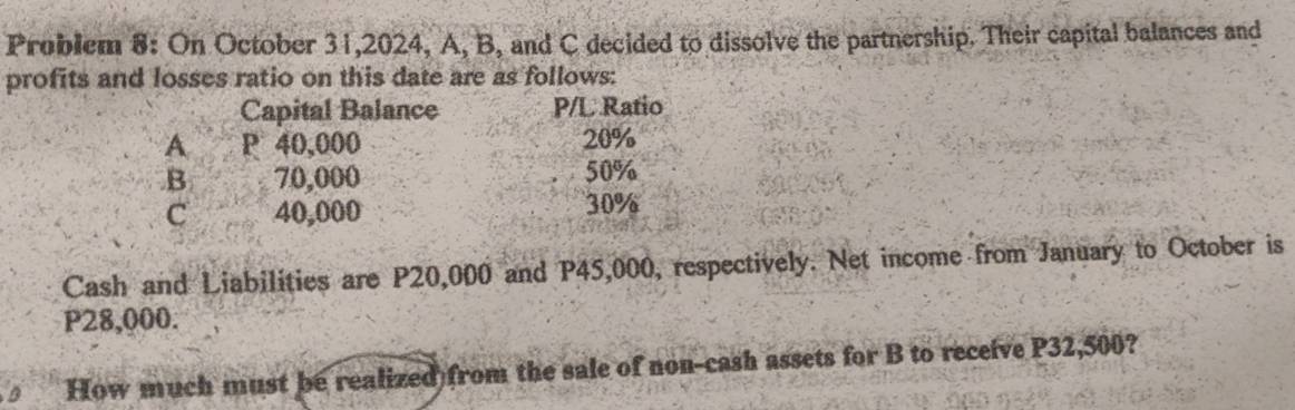 Problem 8: On October 31,2024, A, B, and C decided to dissolve the partnership. Their capital balances and 
profits and losses ratio on this date are as follows: 
Capital Balance P/L Ratio 
A P 40,000 20%.B 70,000 50%
C 40,000 30%
Cash and Liabilities are P20,000 and P45,000, respectively. Net income from January to October is
P28,000. 
How much must be realized from the sale of non-cash assets for B to receive P32,500?