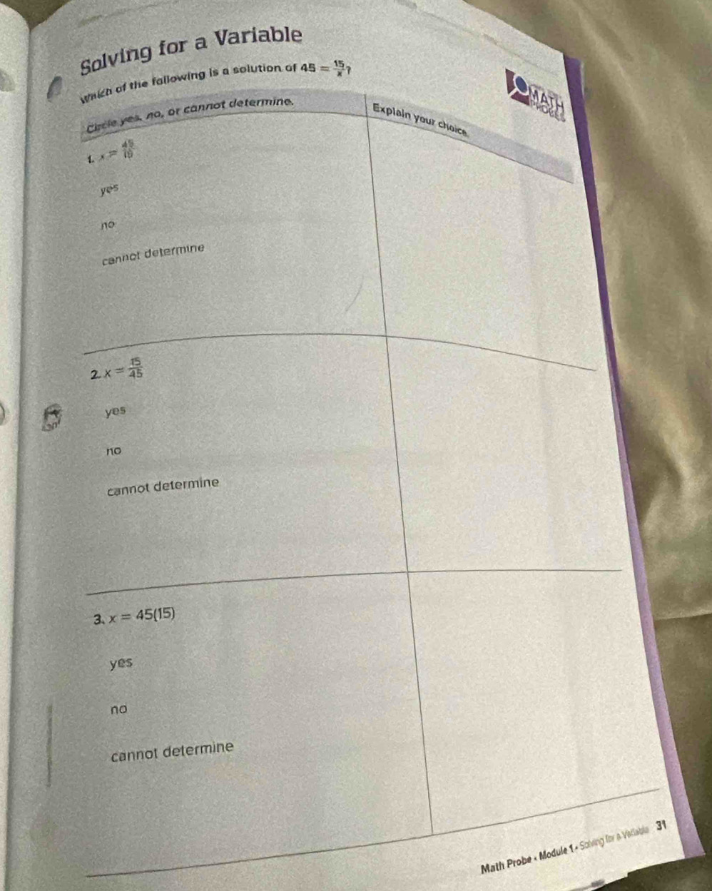 ng for a Variable
Math Probe « Module 1 ×