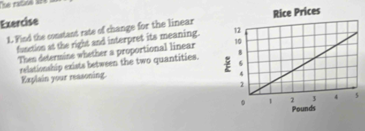 Tne ratine asé a 
Rice Prices 
Exercise 
1. Find the constant rate of change for the linear 
function at the right and interpret its meaning. 
Then determine whether a proportional linear 
relationship exists between the two quantities. 
Explain your reasoning.
Pounds