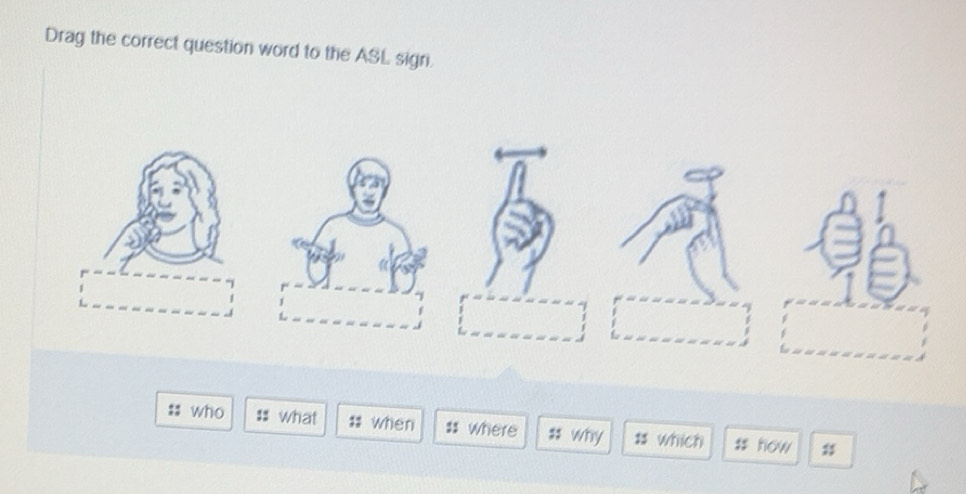 Solved: Drag the correct question word to the ASL sign. :; who :: what ...