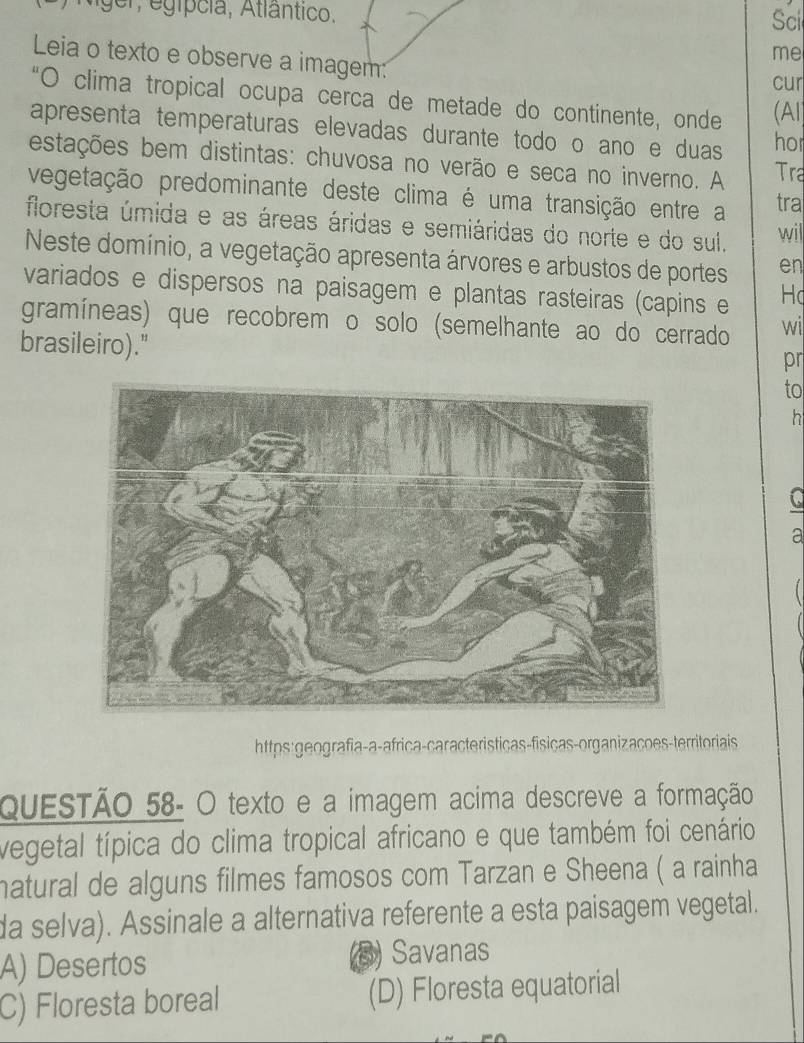 ger, egípcia, Atlântico. Sci
me
Leia o texto e observe a imagem:
cur
“O clima tropical ocupa cerca de metade do continente, onde (Al
apresenta temperaturas elevadas durante todo o ano e duas hor
estações bem distintas: chuvosa no verão e seca no inverno. A Tra
vegetação predominante deste clima é uma transição entre a
tra
floresta úmida e as áreas áridas e semiáridas do norte e do sul. wil
Neste domínio, a vegetação apresenta árvores e arbustos de portes en
variados e dispersos na paisagem e plantas rasteiras (capins e Hd
gramíneas) que recobrem o solo (semelhante ao do cerrado wil
brasileiro)."
pr
to
h
a
https:geografia-a-africa-caracteristicas-fisicas-organizacoes-territoriais
QuESTão 58- O texto e a imagem acima descreve a formação
vegetal típica do clima tropical africano e que também foi cenário
natural de alguns filmes famosos com Tarzan e Sheena ( a rainha
da selva). Assinale a alternativa referente a esta paisagem vegetal.
⑤
A) Desertos Savanas
C) Floresta boreal (D) Floresta equatorial