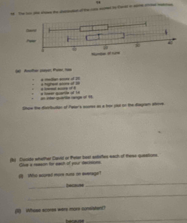 f5 . The beak plss shows the dietriaatied of the sure sconed by Claved in nome arcked metamen 
(a) Another player, Poler, has 
a median score of 26
a highest score of 39
a lowest score of 8. a lower quartle of 14. an inter-quartile range of 68. 
Show the distribution of Peler's scores as a box plot on the diagram above. 
(b) Decide whether David or Peter best satisfies each of these questions. 
Give a reason for each of your decisions. 
(3) Who scored more nuns on average? 
_because 
_ 
_ 
(II) Whase scores were more consistent? 
bacause 
_