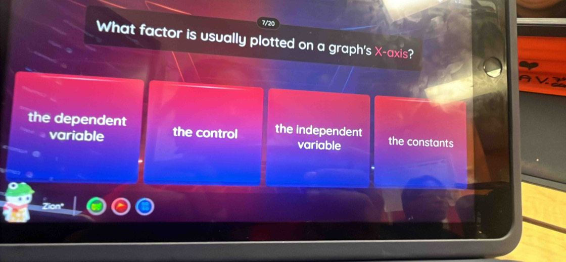 7/20
What factor is usually plotted on a graph's X-axis?
the dependent the control the constants
the independent
variable variable