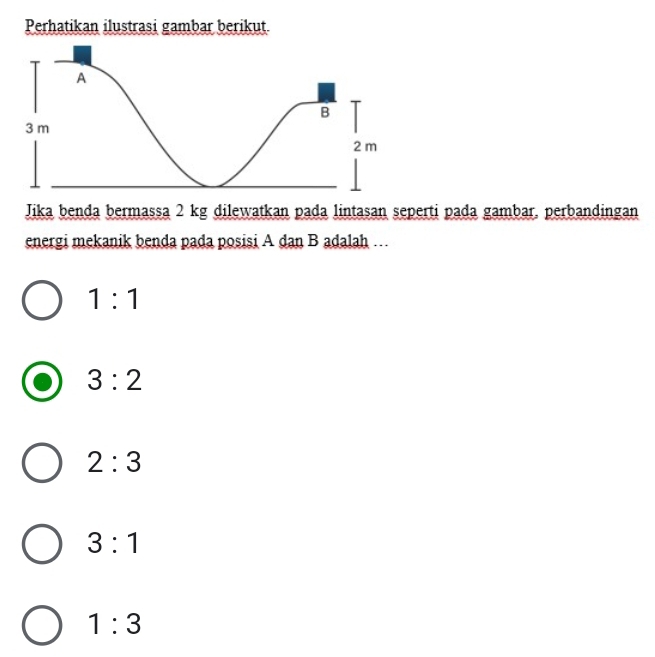 Perhatikan ilustrasi gambar berikut
Jika benda bermassa 2 kg dilewatkan pada lintasan seperti pada gambar, perbandingan
energi mekanik benda pada posisi A dan B adalah …
1:1
3:2
2:3
3:1
1:3