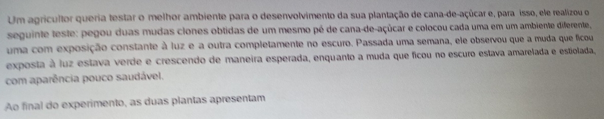 Um agricultor queria testar o melhor ambiente para o desenvolvimento da sua plantação de cana-de-açúcar e, para isso, ele realizou o 
seguinte teste: pegou duas mudas clones obtidas de um mesmo pé de cana-de-açúcar e colocou cada uma em um ambiente diferente, 
uma com exposição constante à luz e a outra completamente no escuro. Passada uma semana, ele observou que a muda que ficou 
exposta à luz estava verde e crescendo de maneira esperada, enquanto a muda que ficou no escuro estava amarelada e estiolada, 
com aparência pouco saudável. 
Ao final do experimento, as duas plantas apresentam